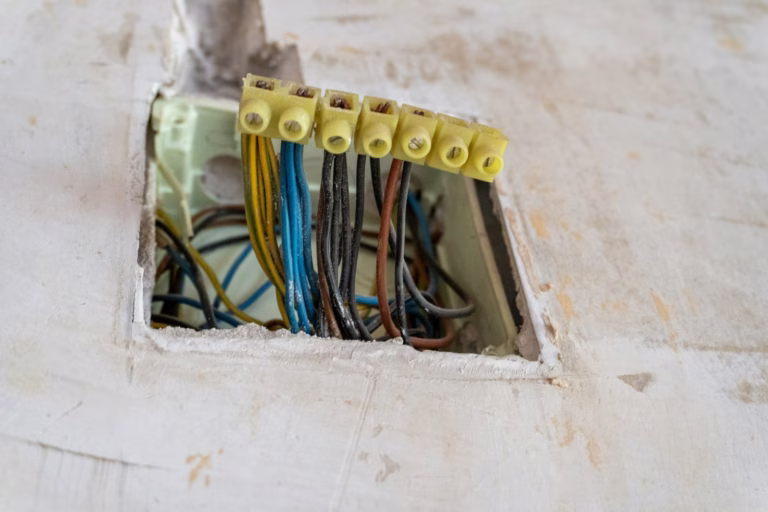 Caixa de passagem aberta com condutores coloridos em um bloco de terminais, ilustrando o dimensionamento de cabos eletricos residenciais